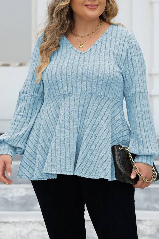 Cwttl1313_Plus Size V-Neck Long Sleeve Pullover Top