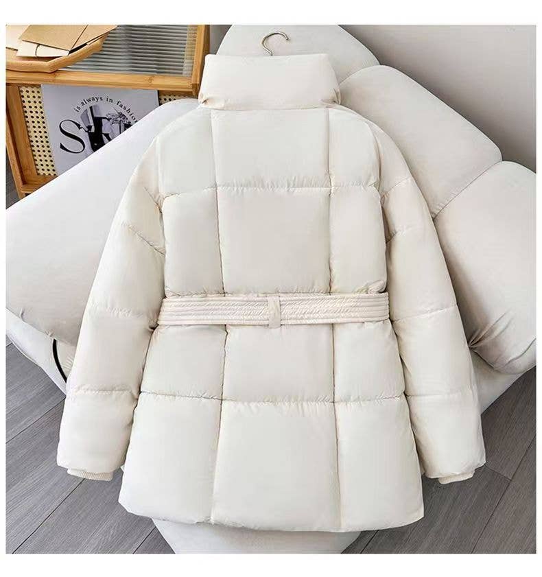 Stand collar cotton pure color tie - up jacket