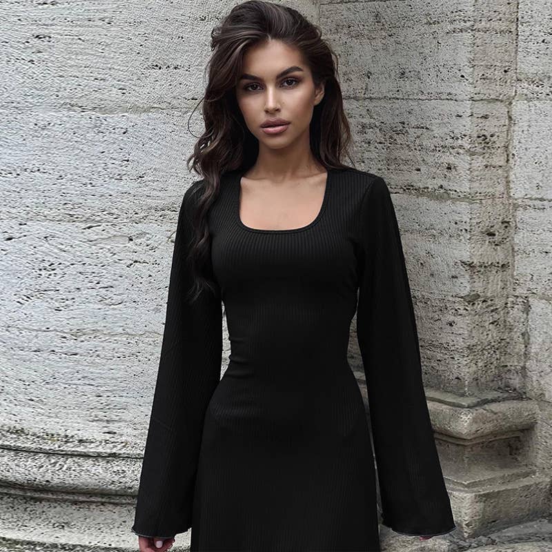 Big Pit Strip Long Sleeve U-Neck Dress_Cwdmd3185