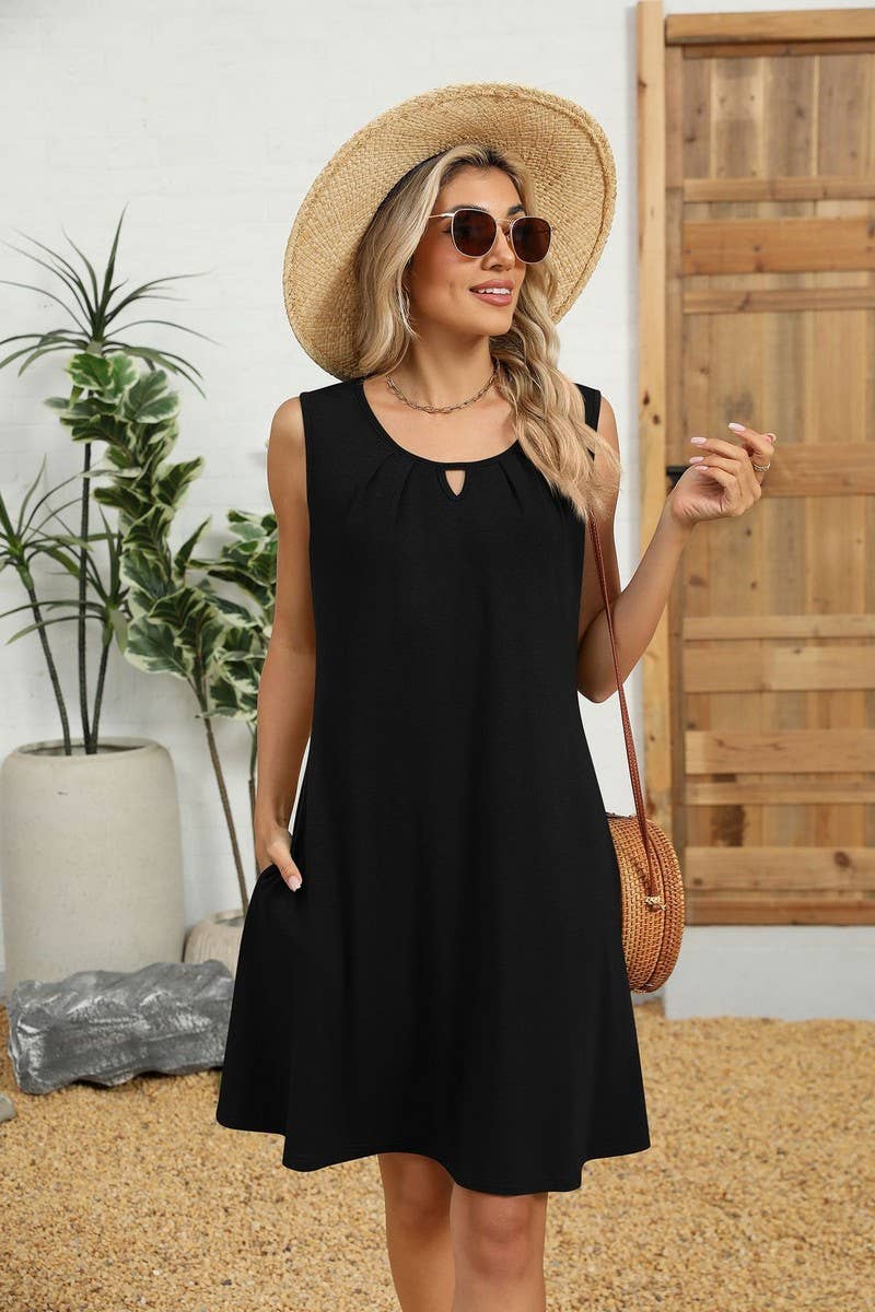 CWDSD10546_SUMMER ROUND NECK PLEATED SLEEVELESS POCKET DRESS