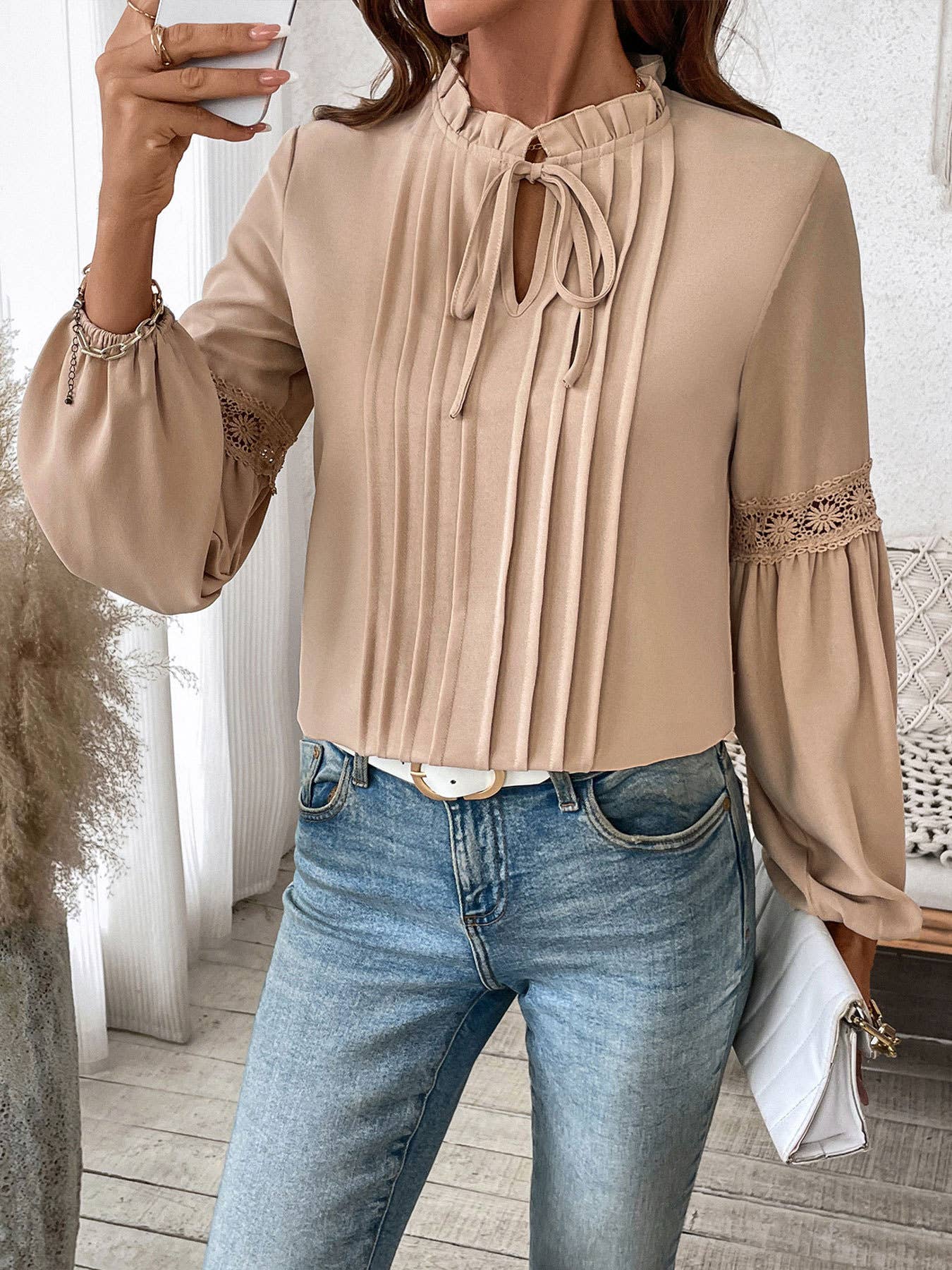 Solid-color casual lace-up V-neck stylish shirt