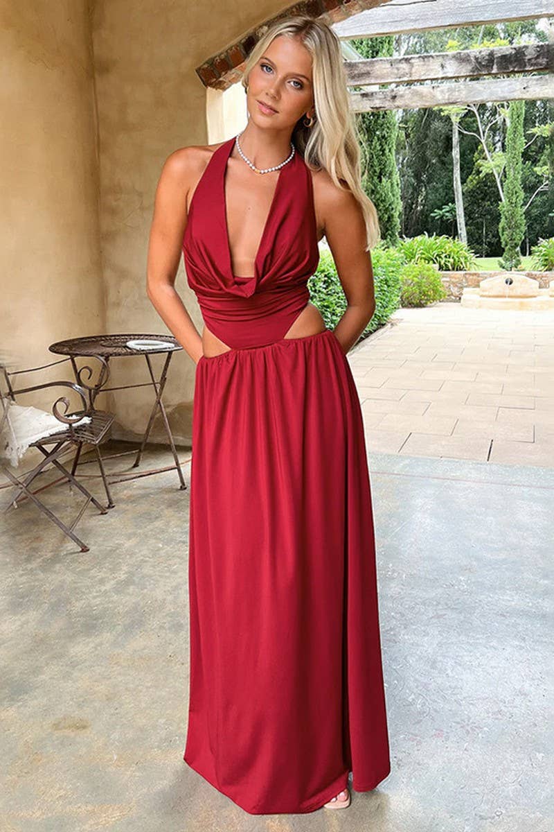 CWDMD5050_SEXY CUT-OUT  WAIST REVEAL HALTER MAXI DRESS