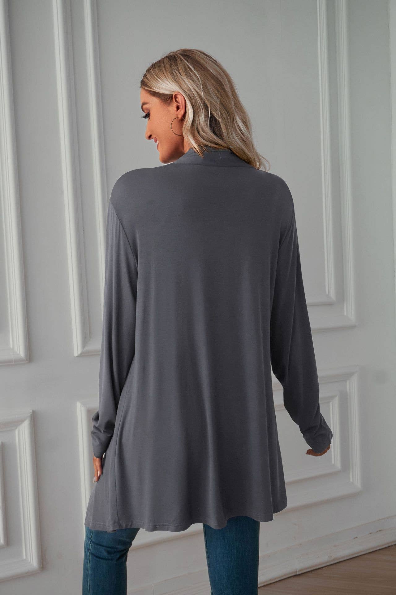Solid-color,buttonless long-sleeved cardigan