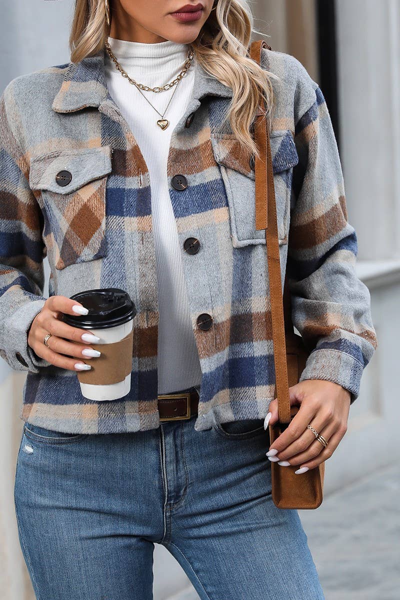 CWOCO1100_LAPEL LONG SLEEVE POCKET PLAID SHORT COAT