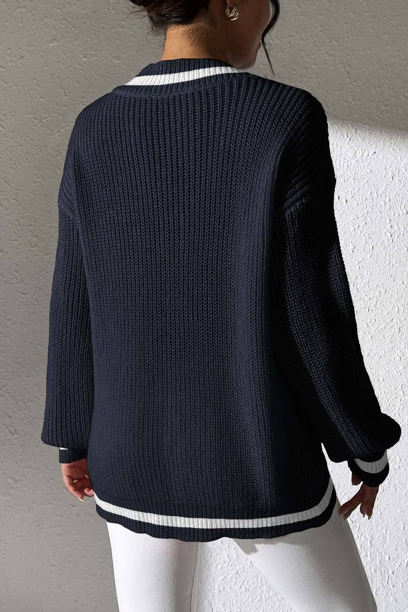 CWOSWL07342_WOMEN PREPPY COLOR BLOCK V NECK PEARL SWEATER