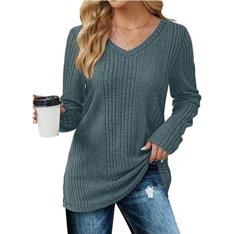 V-NECK KNITTED PIT STRIP BRUSHED LONG SLEEVE