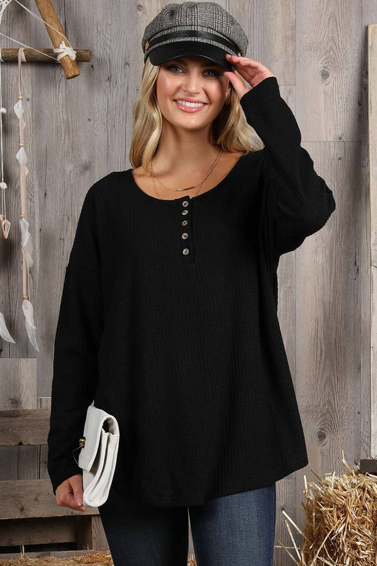 Cwttl1402_Round Neck Casual Long Sleeved Top