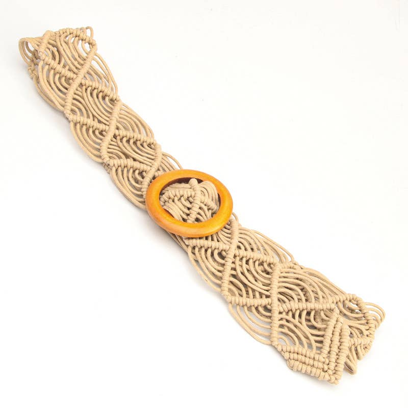Wax rope woven hollowed-out wooden buckle belt
