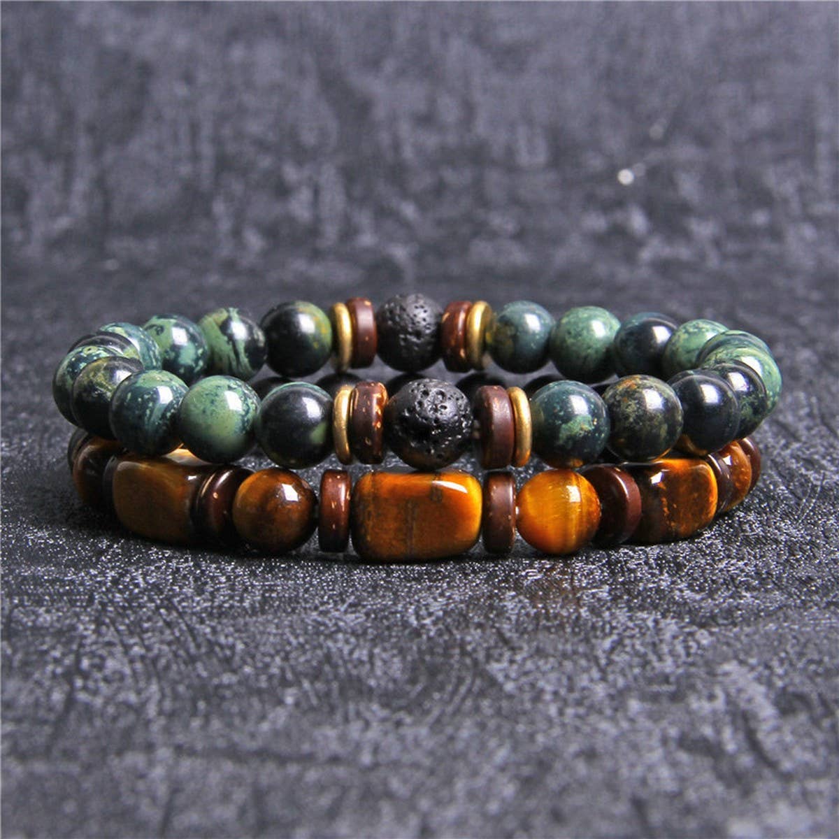 CWAJE4218_MEN'S TIGER EYE BEAD DOUBLE LAYER BRACELET