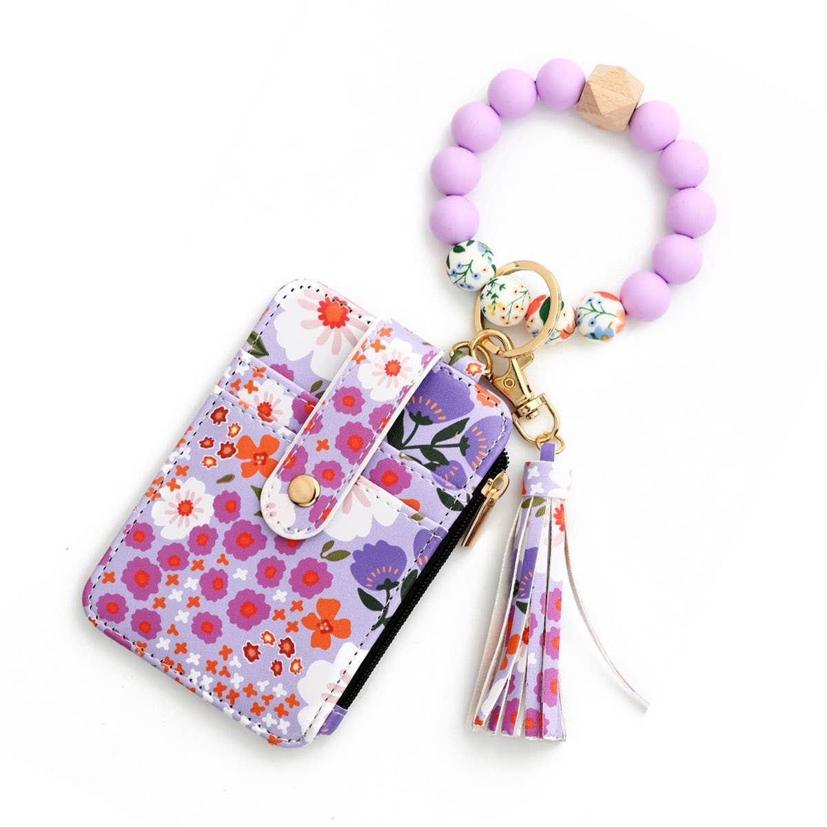 Floral PU Wallet with Bead Bracelet & Card Holder_CWAB4955