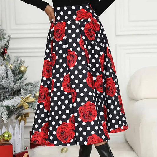 Mid-length skirt with high-waisted polka dot