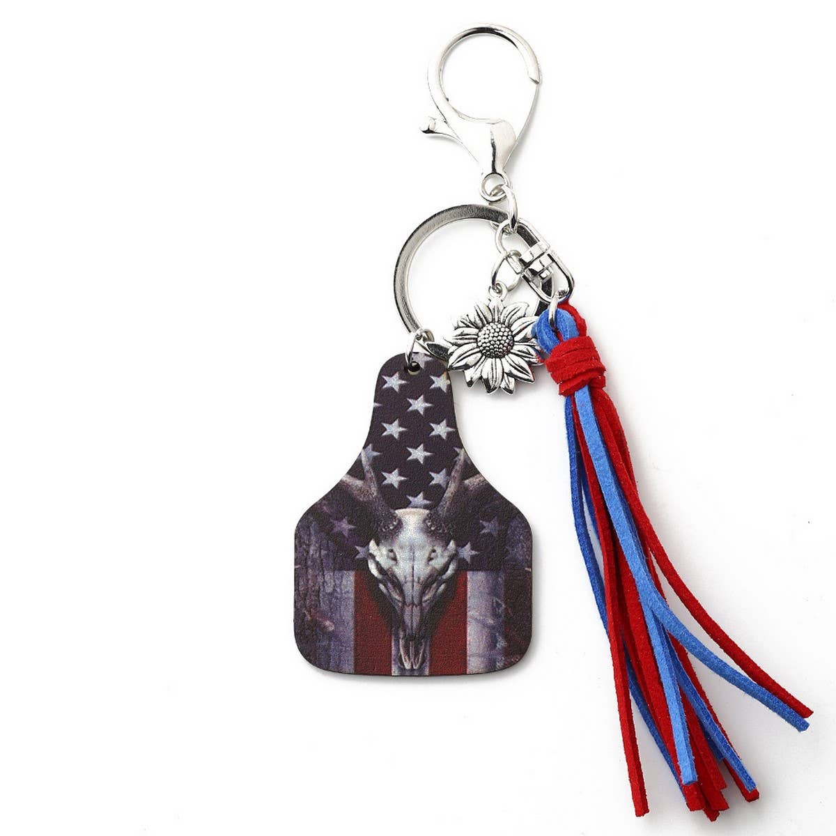 Western Bull Head Leather Tassel Sunflower Keychain_CWAB5089