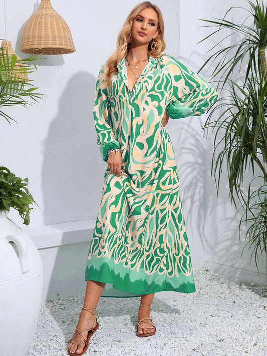 PULLOVER V-NECK PRINT LONG DRESS WITH BIG SWING