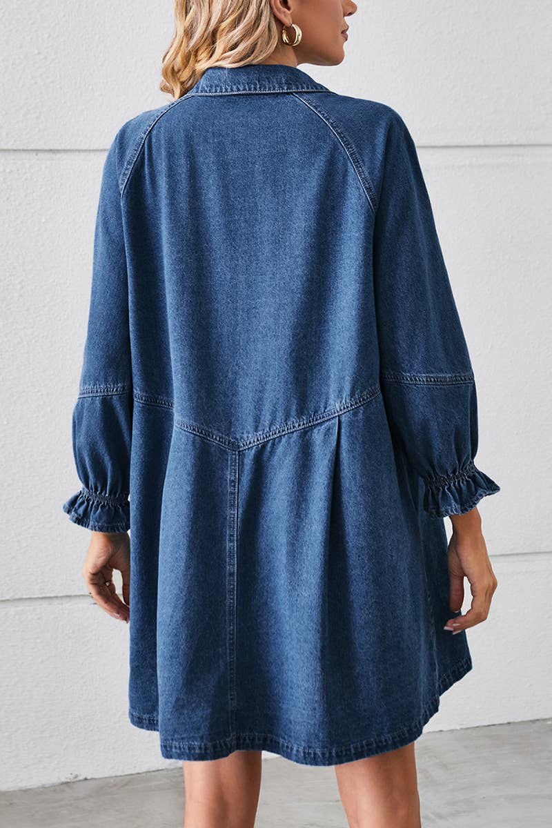 Loose wash long sleeve denim single breasted short dress