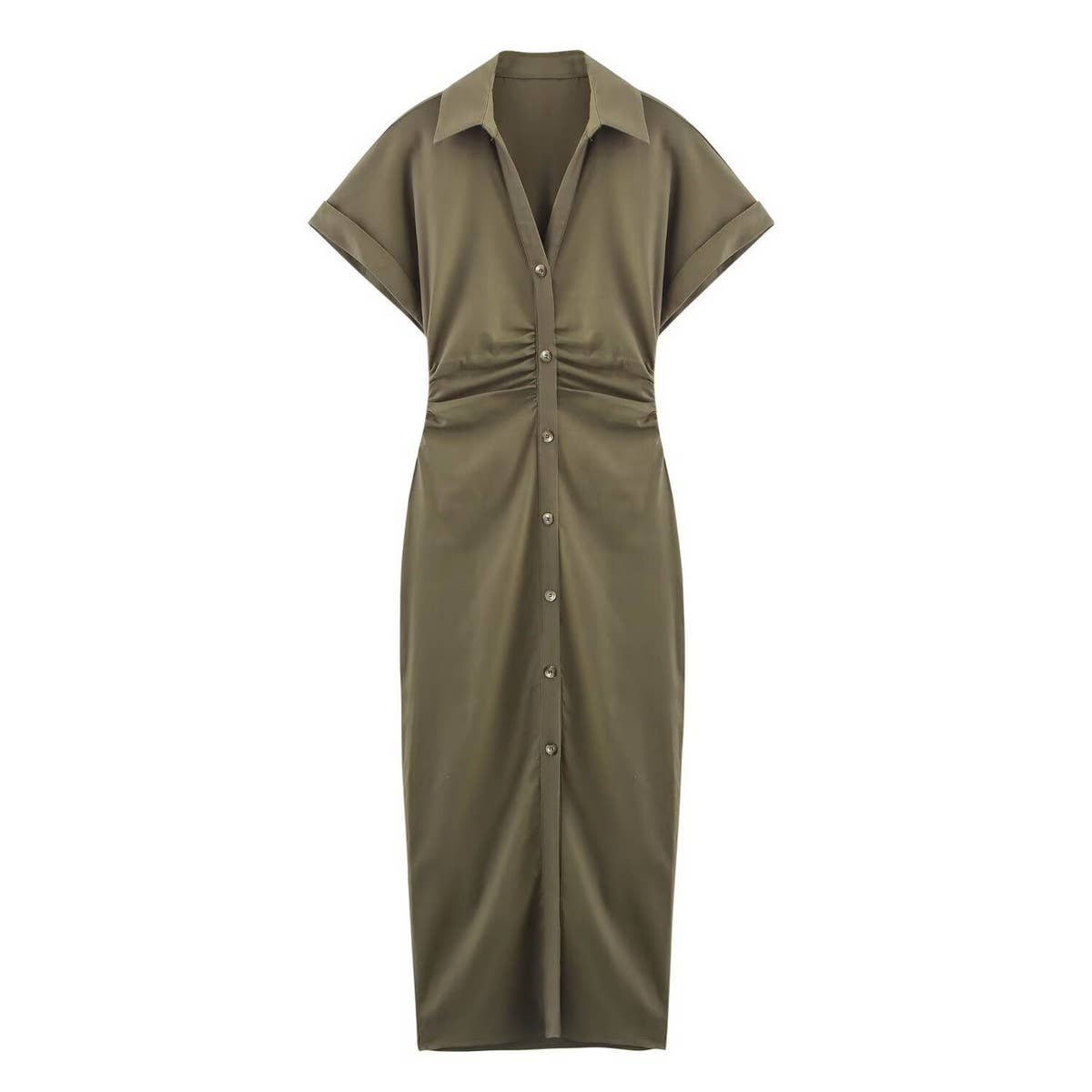 Linen Collared Short Sleeve Midi Dress for Women