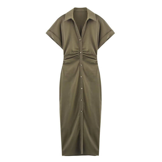 Linen Collared Short Sleeve Midi Dress for Women