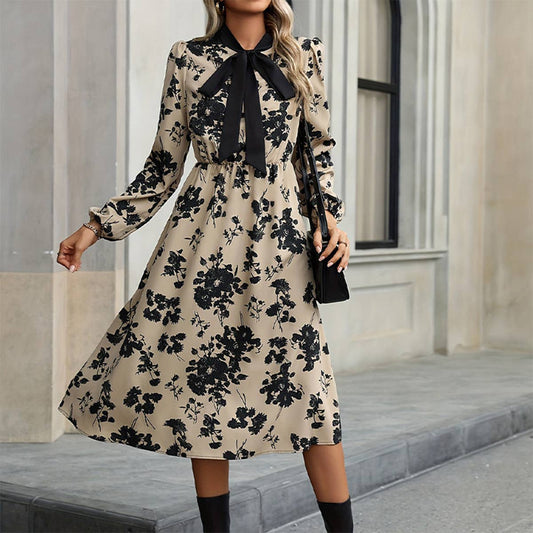 Mid-length A-line floral dress with lace neckline