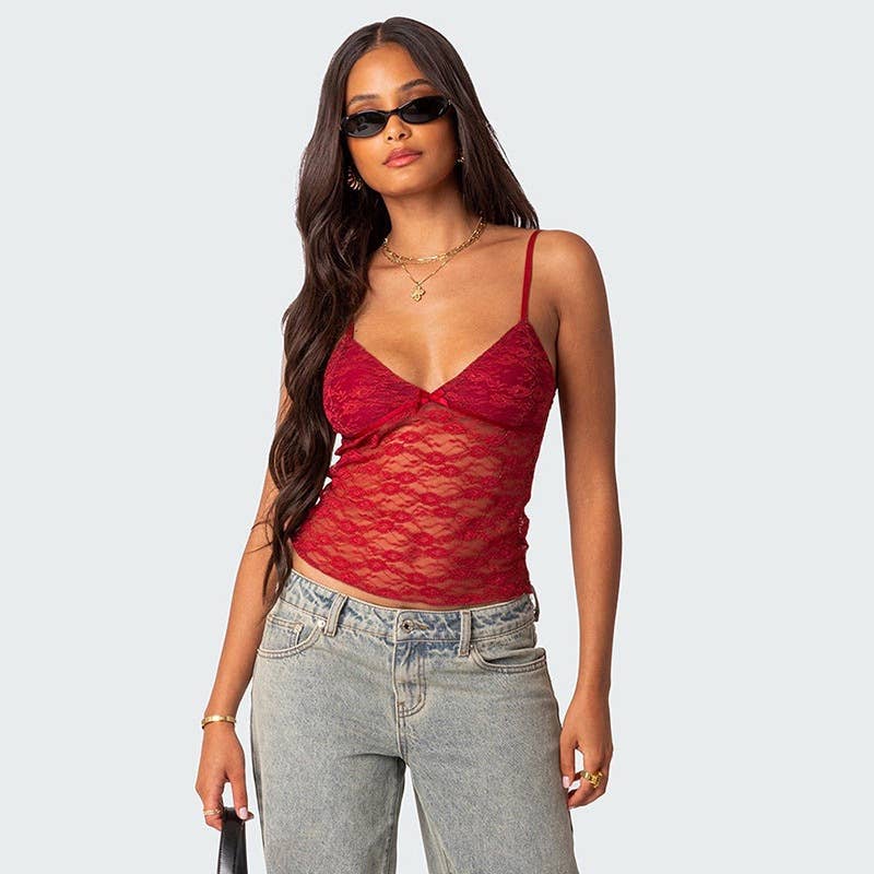 V-neck sexy lace see-through halter top