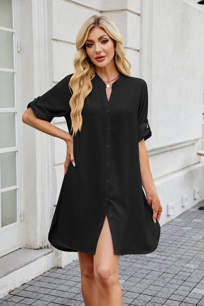 CWDSD7290_SOLID COLOR V NECK BUTTON SHIRT DRESS
