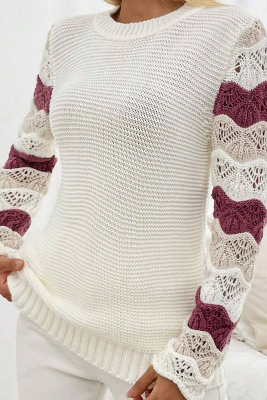 CWOSWL07359_LOOSE KNIT STRIPE COLORBLOCK HOLLOW SLEEVE TOP