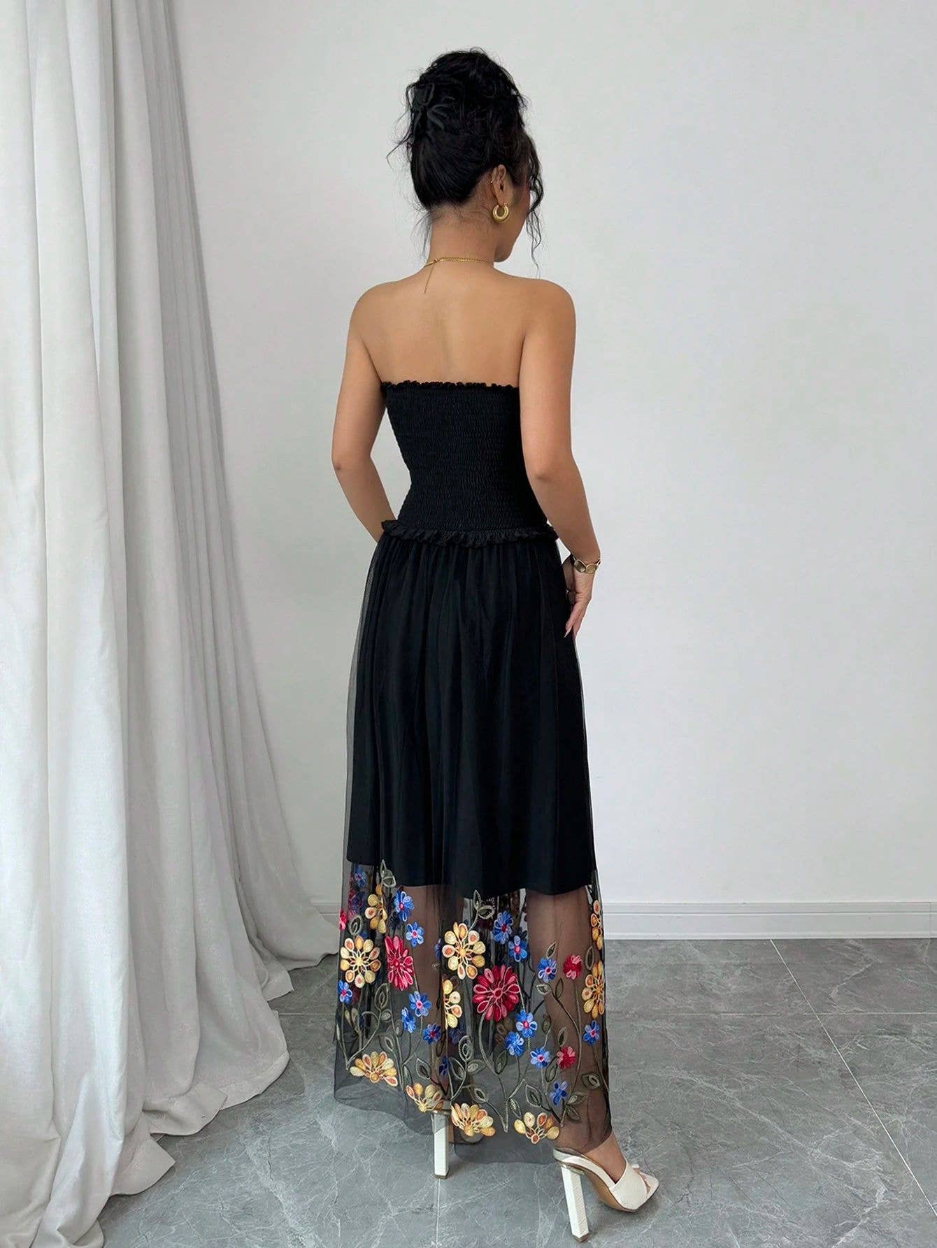 Sexy floral embroidered strapless long dress