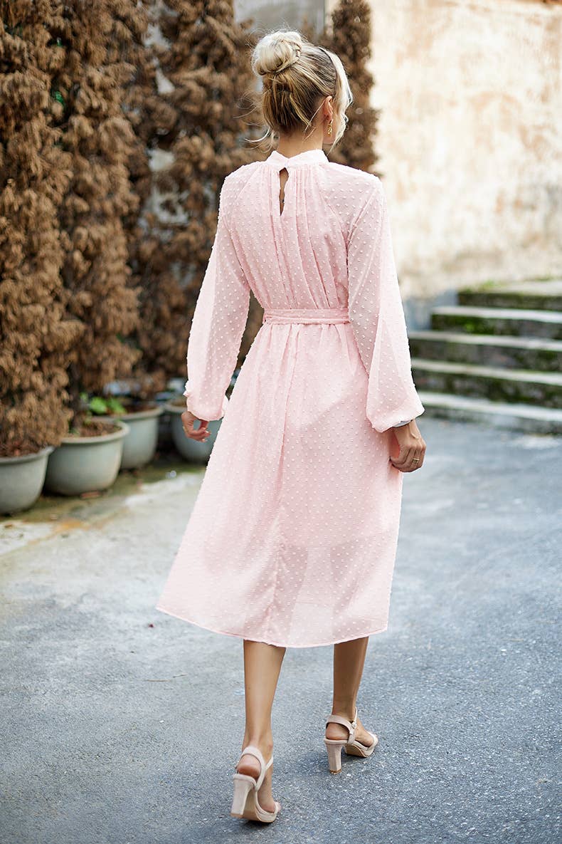 JACQUARD MESH LACE-UP WAIST ROUND NECK LONG DRESS