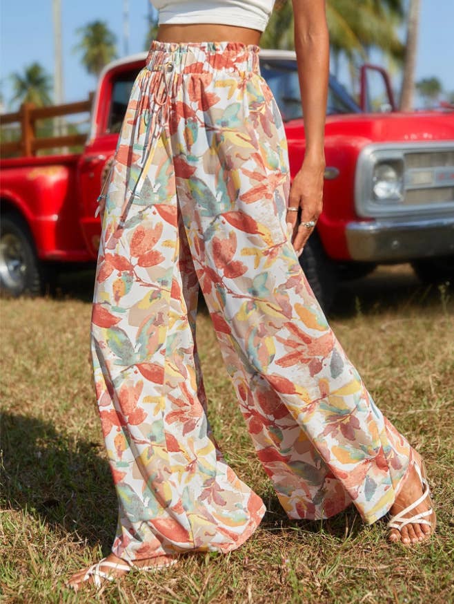 Loose straight-leg pants with drape prints