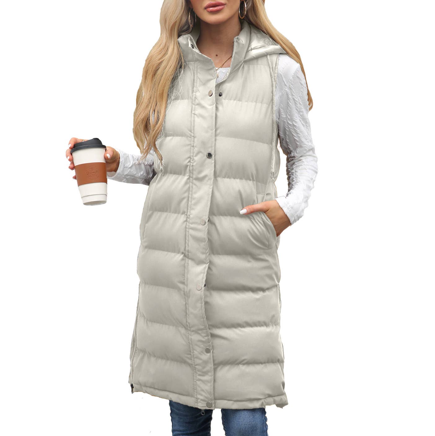 Solid-color hooded sleeveless cotton-padded vest