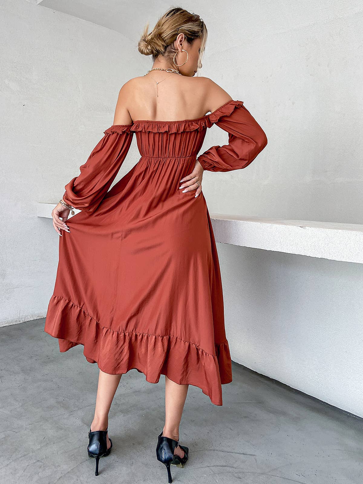 DROP SHOULDER LANTERN SLEEVE WAIST DRESS