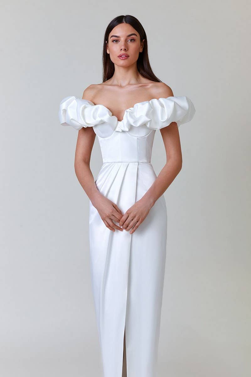 CWDMD5622_ELEGANT OFF-SHOULDER RUFFLE HIGH SLIT MAXI DRESS