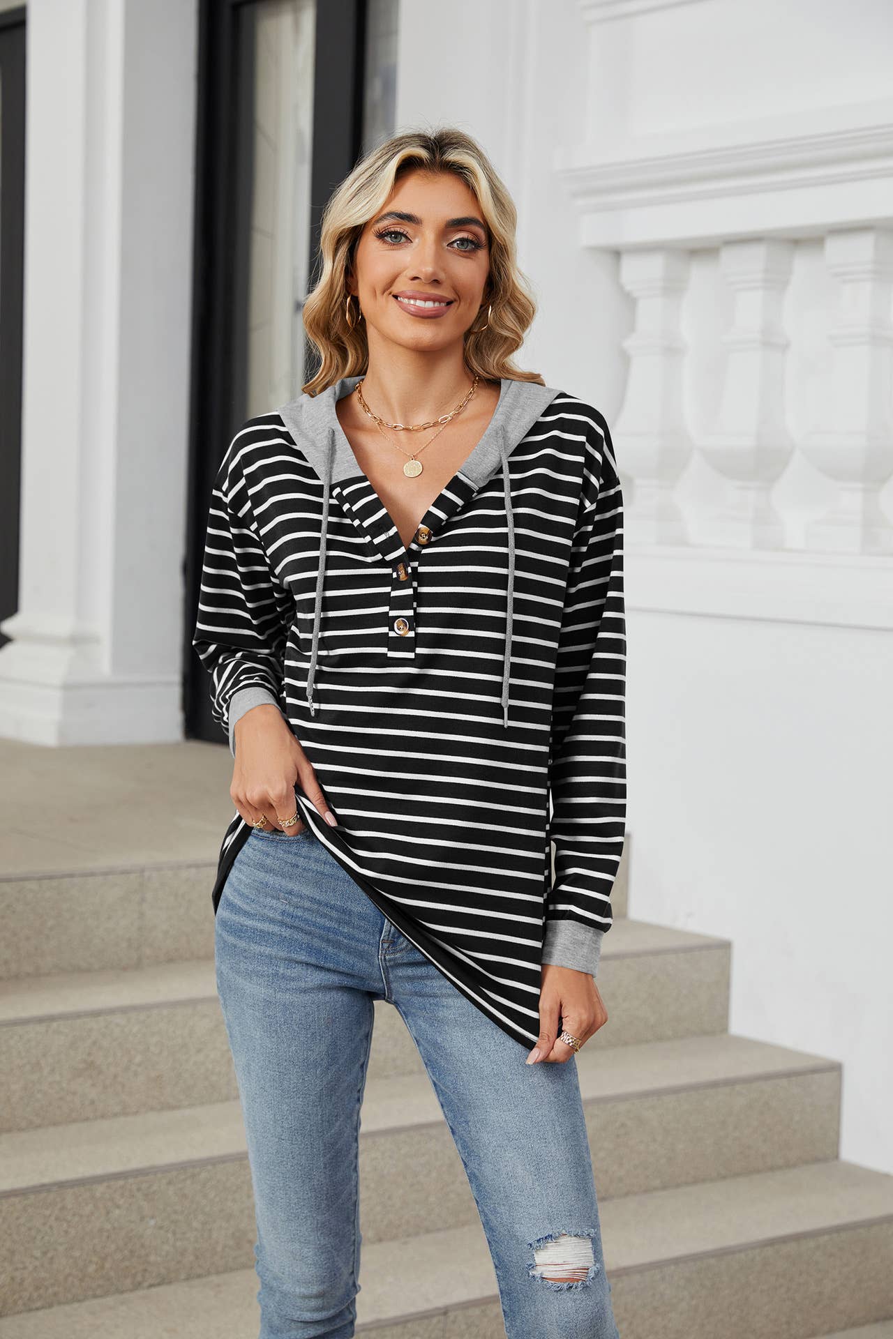 Striped hooded long-sleeved loose sweatshirt