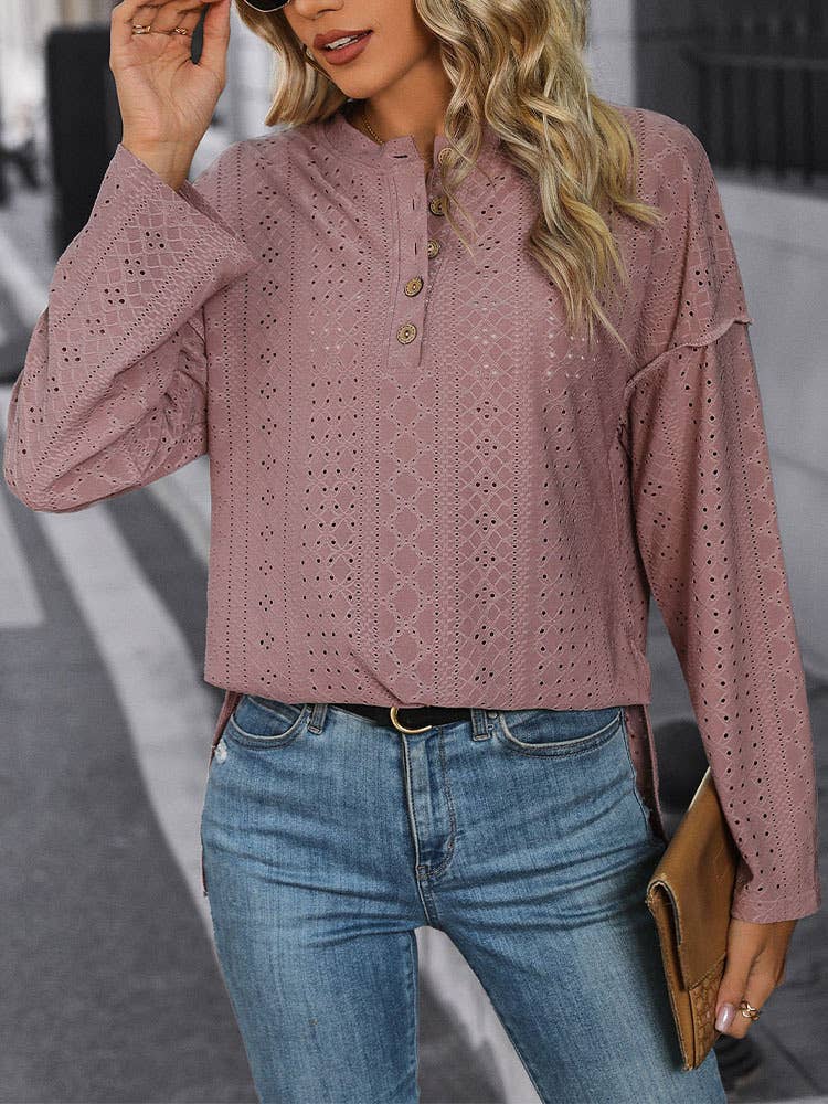LONG SLEEVE SOLID COLOR KNITTED JACQUARD TOP