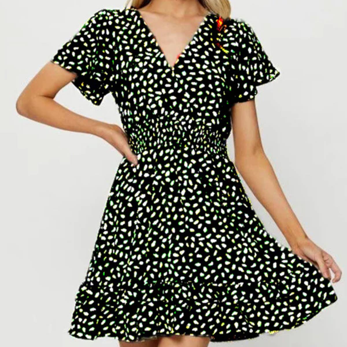 V-NECK DRESS WITH PINCHED SLEEVES