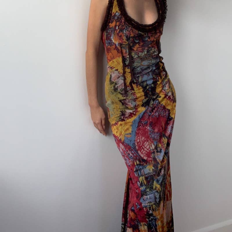 Stylish and retro tie-dyed printed U-neck dress
