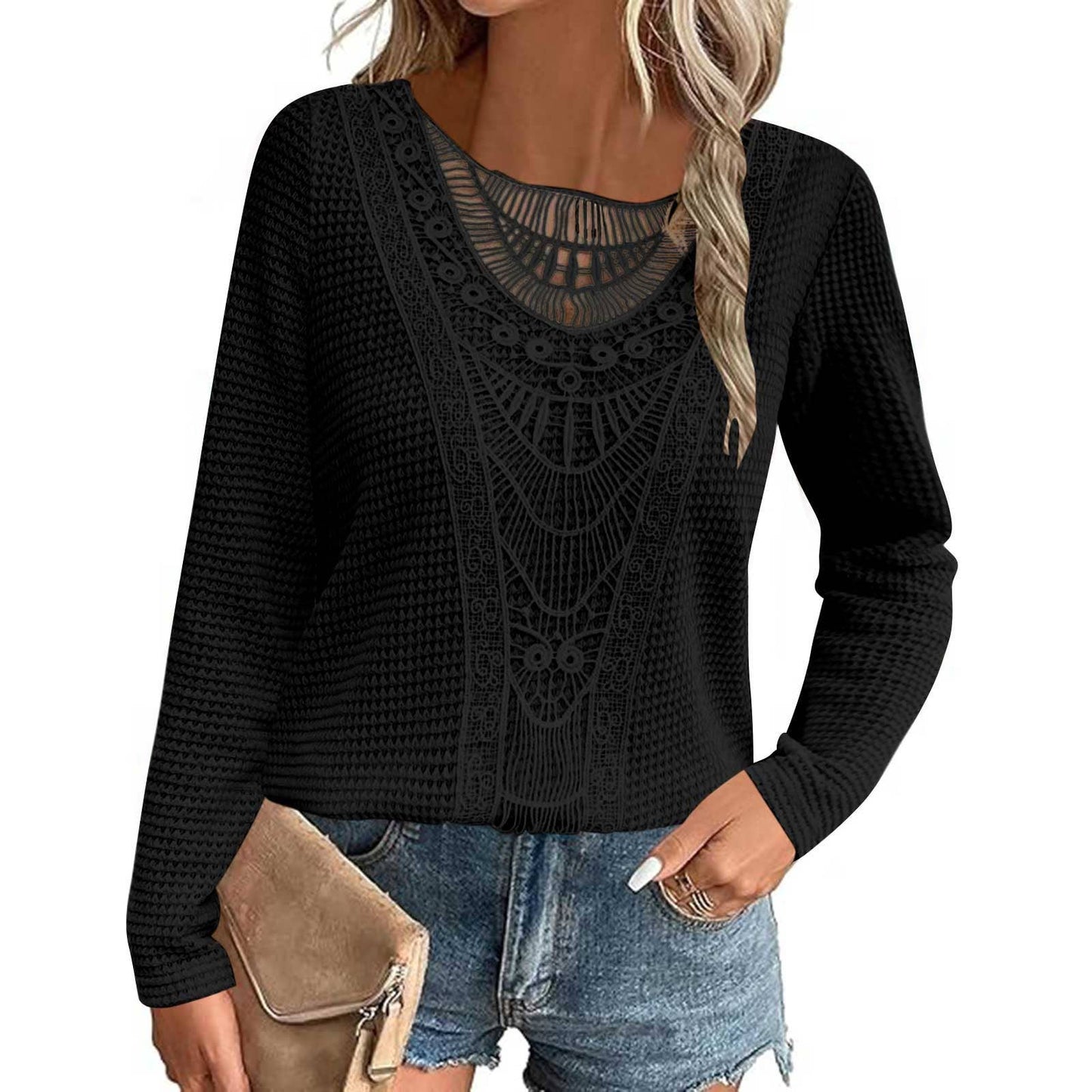 Solid-color teak lace patchwork top T-shirt