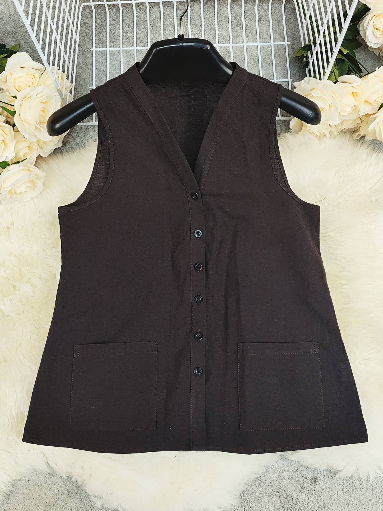 Sleeveless,loose solid color linen cotton vest