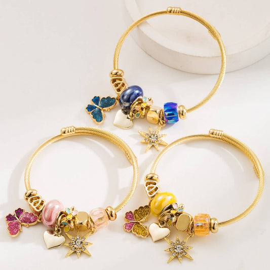 Beaded Steel Bracelet with Enamel Butterfly & Star_CWMM8564