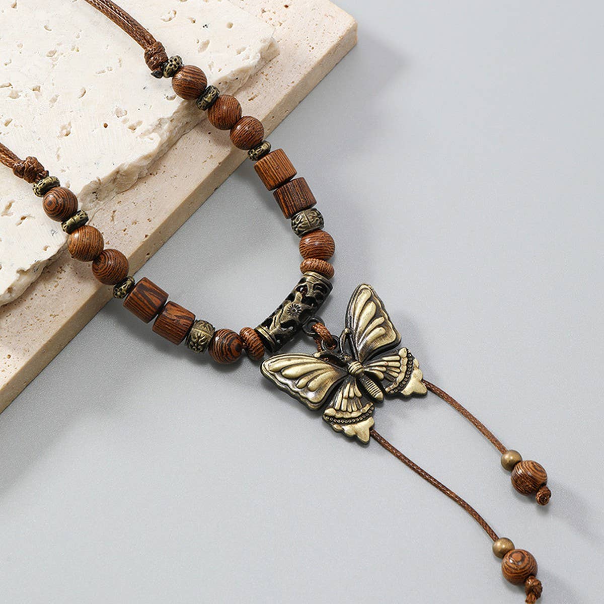 LONG WOODEN BEAD BUTTERFLY TASSEL NECKLACE