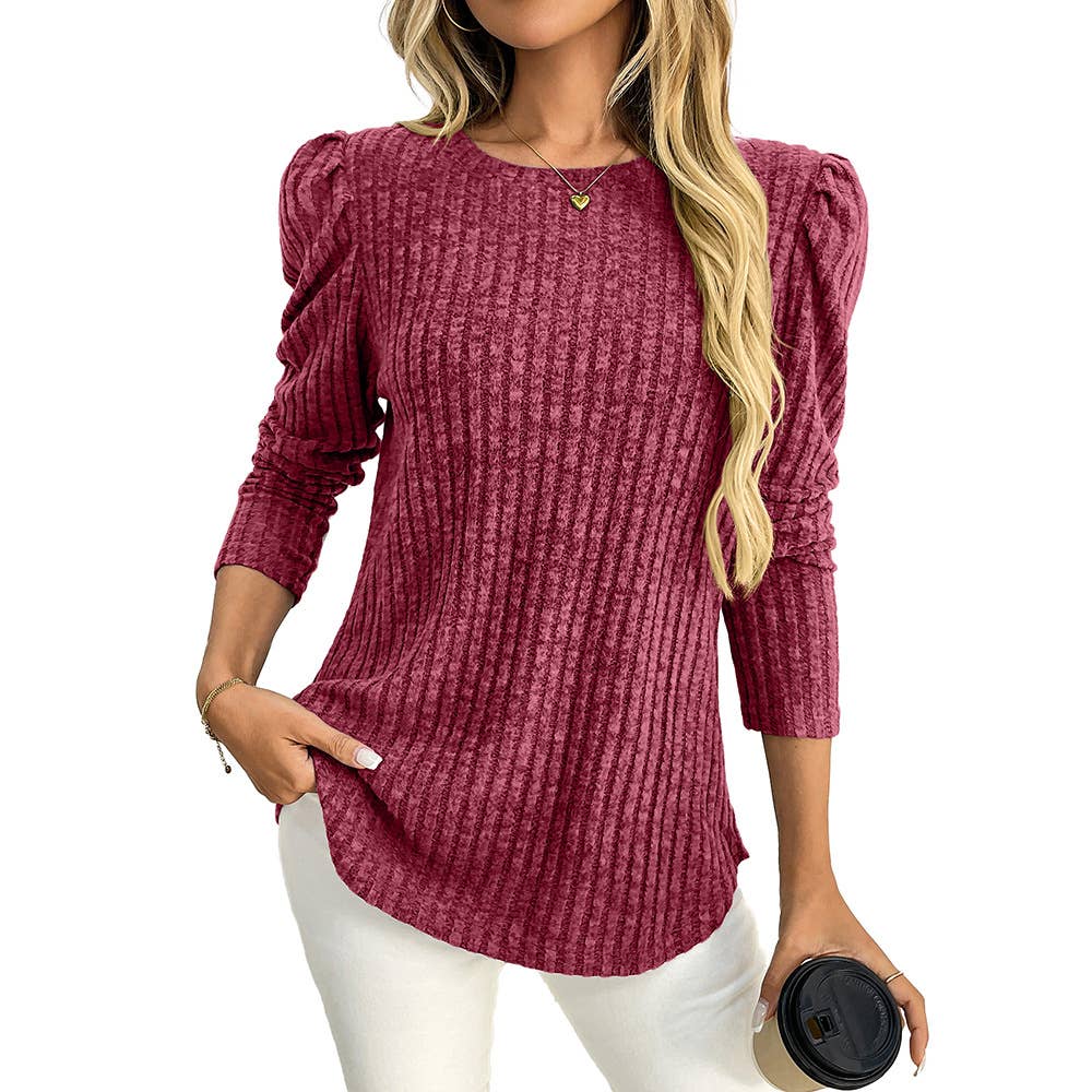 Round-neck puffed-sleeve brushed striped T-shirt