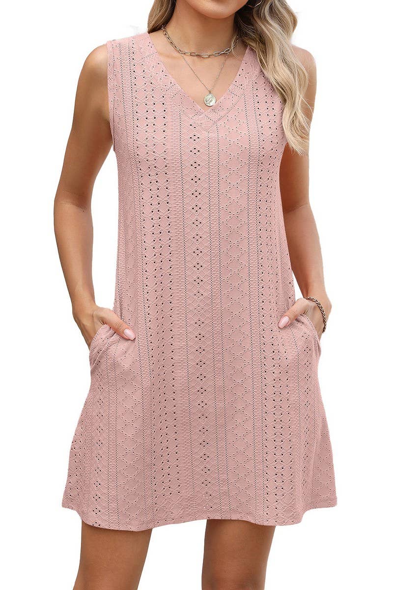 CWDSD7403_SUMMER CASUAL SOLID COLOR V-NECK DRESS