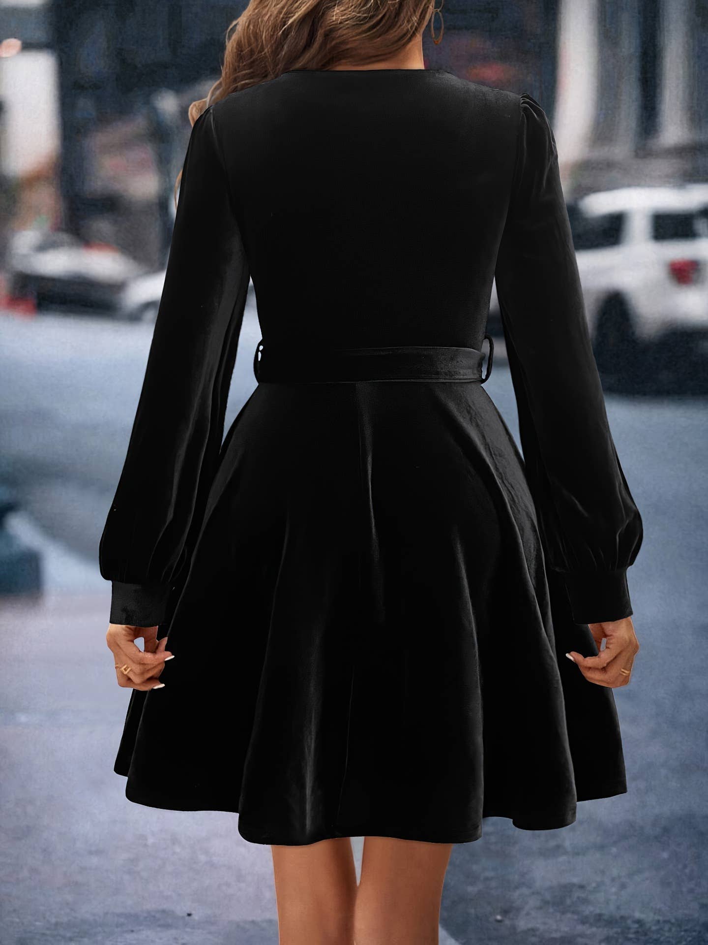 VELVET SQUARE COLLAR WAIST LONG SLEEVE DRESS