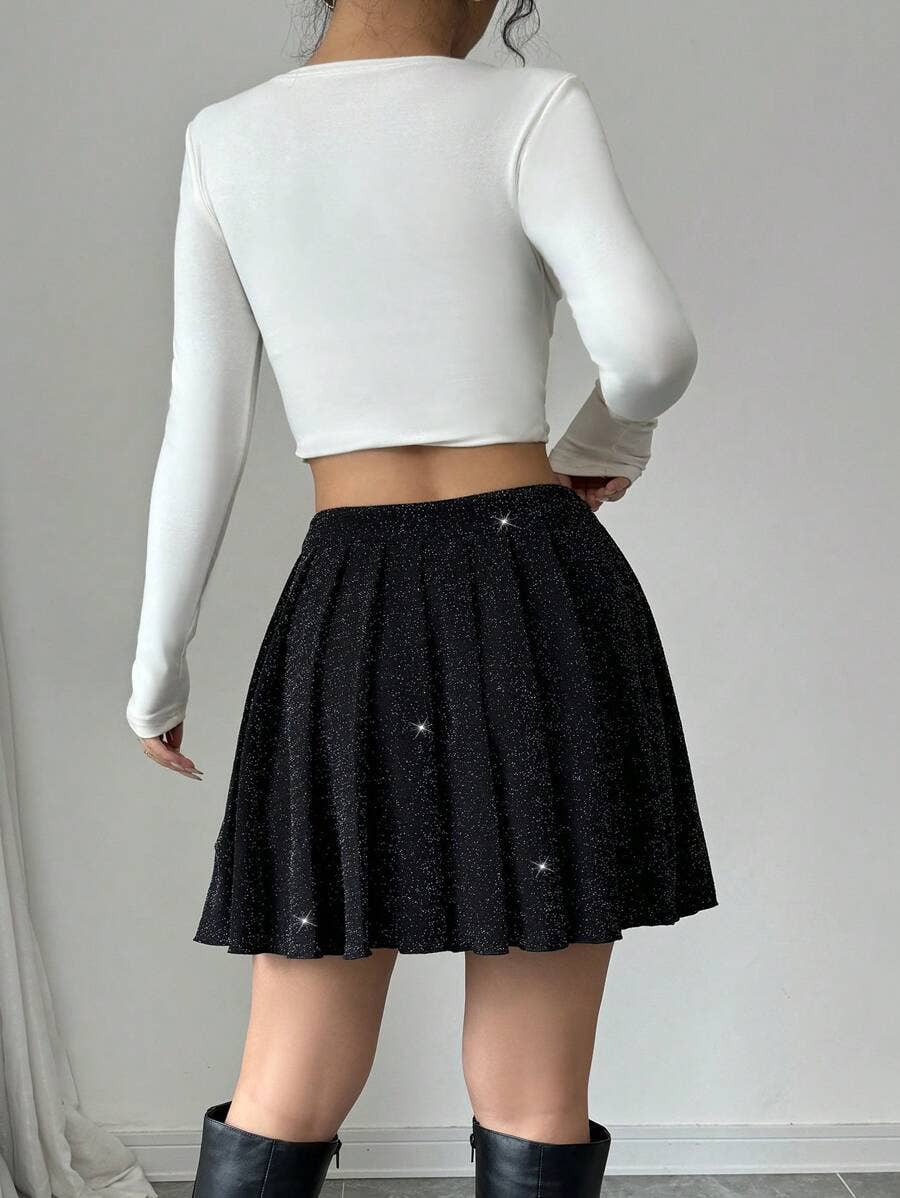 WOMEN'S CASUAL A-LINE PLEATED SPARKLY BLACK SKIRT