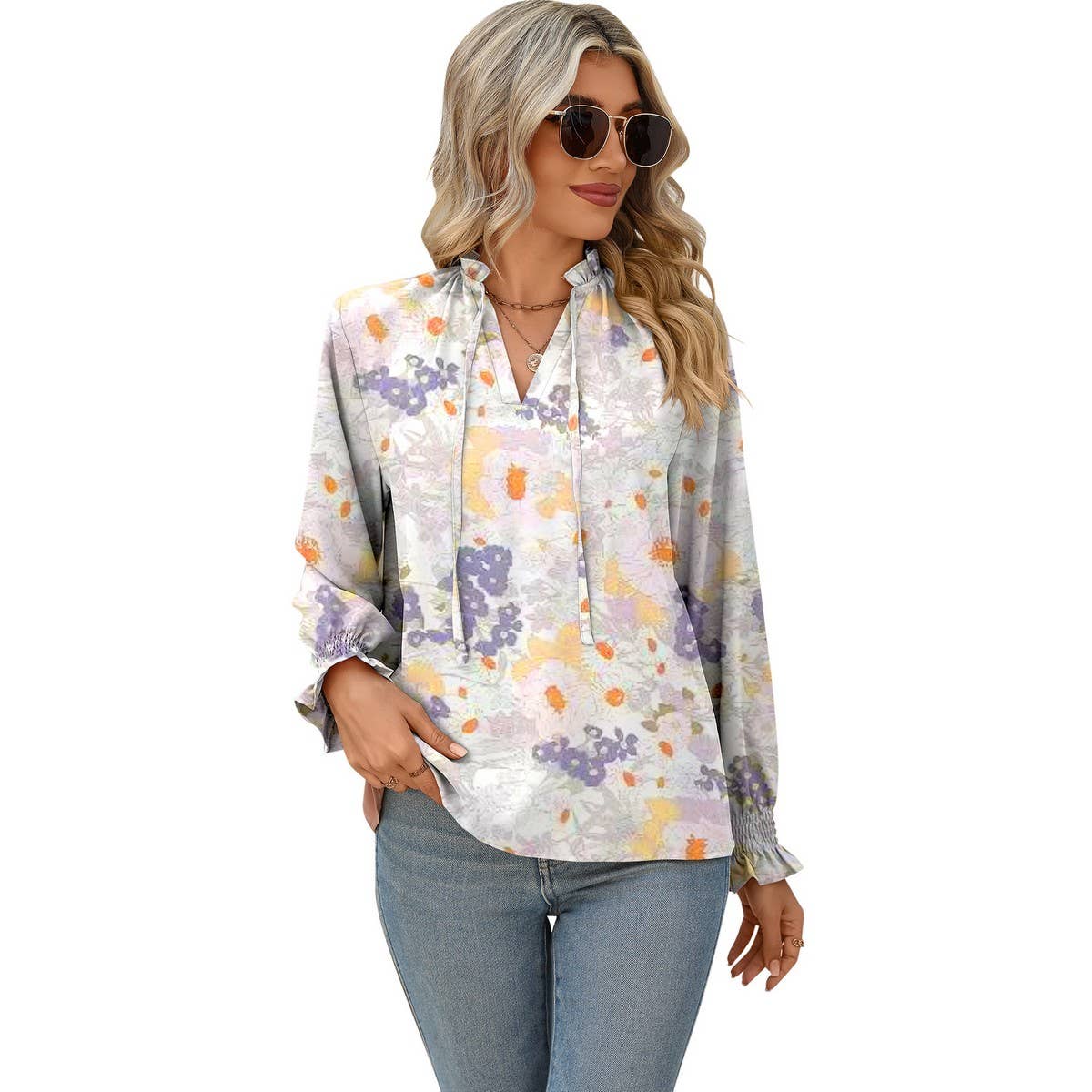 V-neck lace-up printed stand-up collar shirt