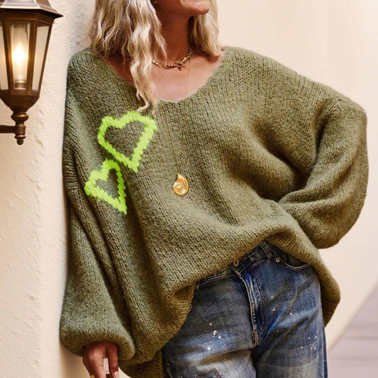 V-neck long-sleeved pullover knitted sweater