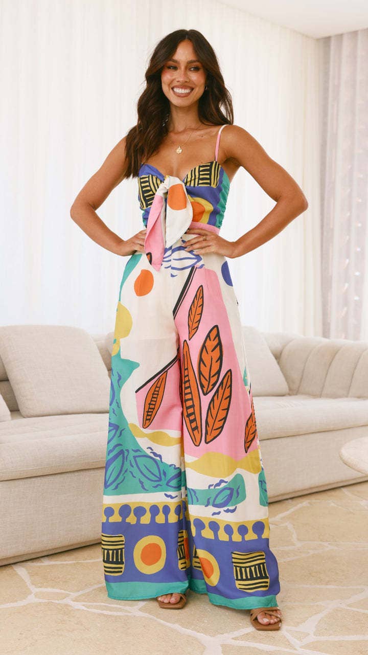 Wide leg straight jumpsuit with halter and knot