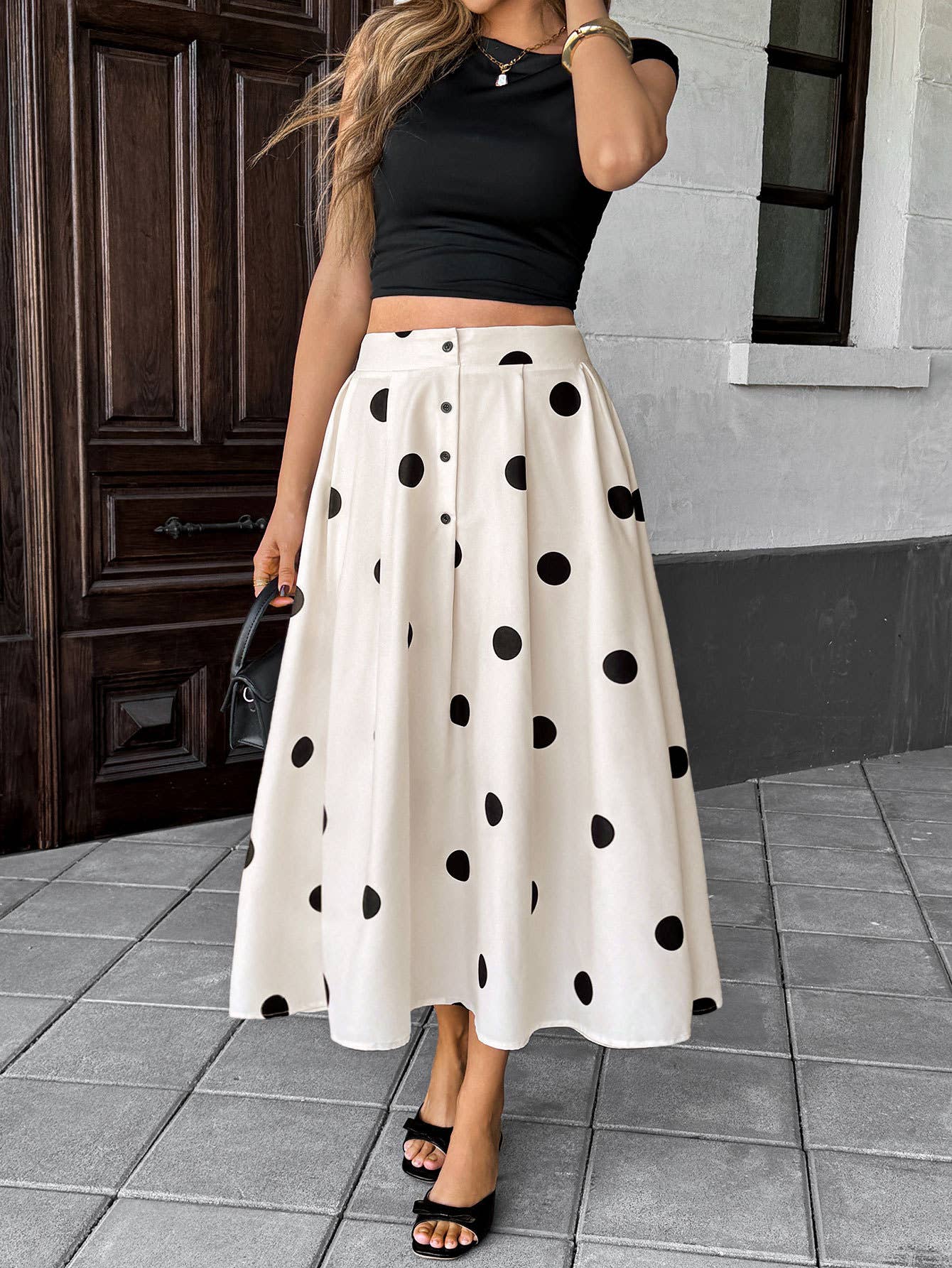 Polka dot printed retro elegant A-line skirt
