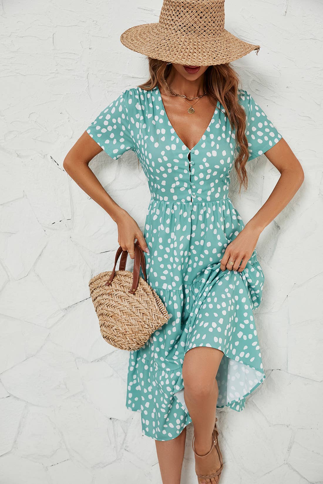 V-neck printed breasted waist dress