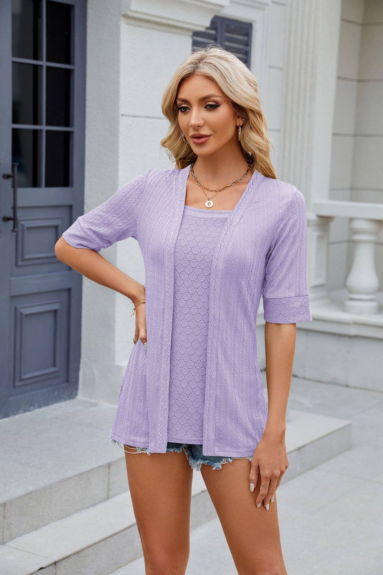 SQUARE NECK KNIT STITCHING TWO CASUAL T-SHIRTS