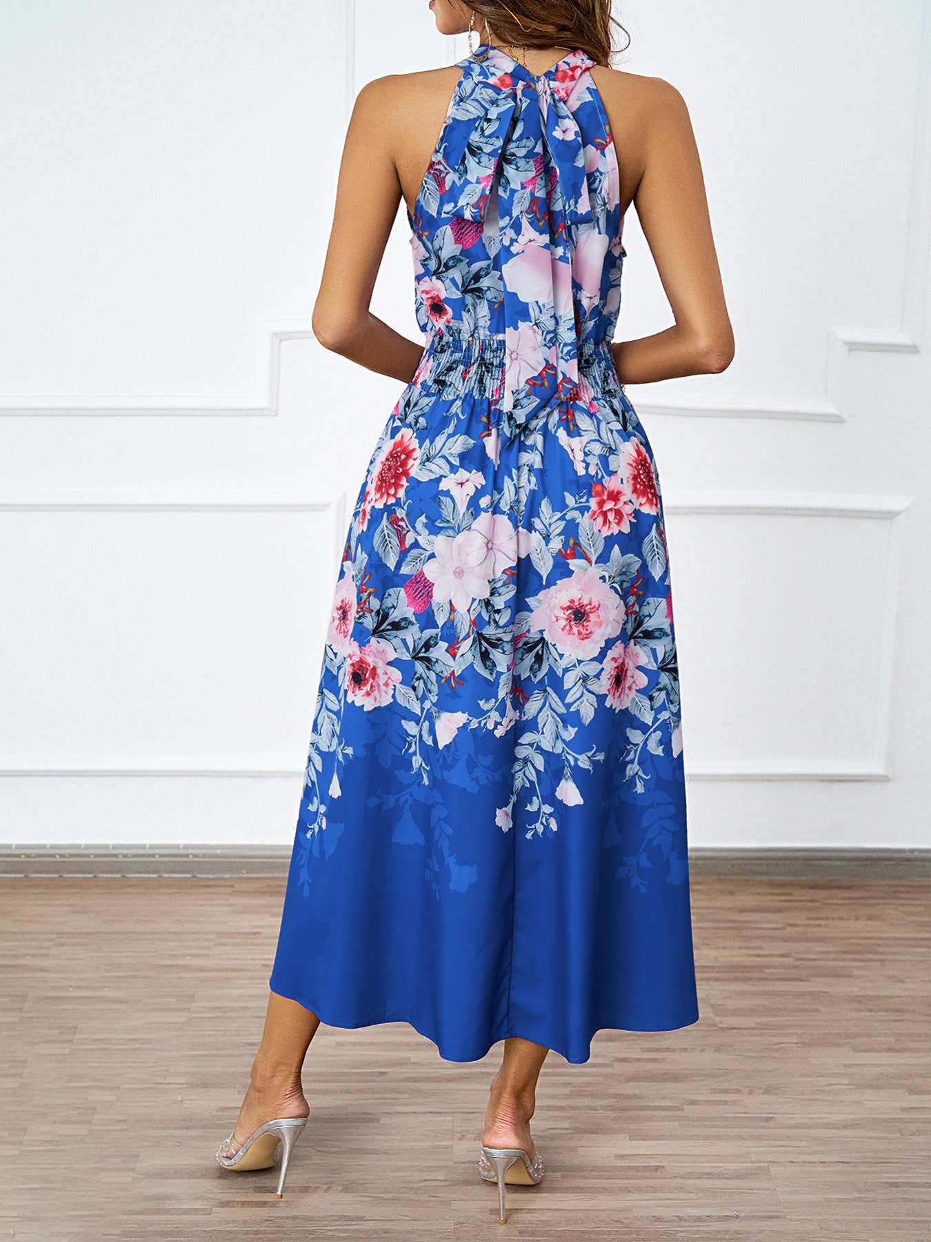 FASHION HALTER PRINT WAIST SLIMMING DRESS