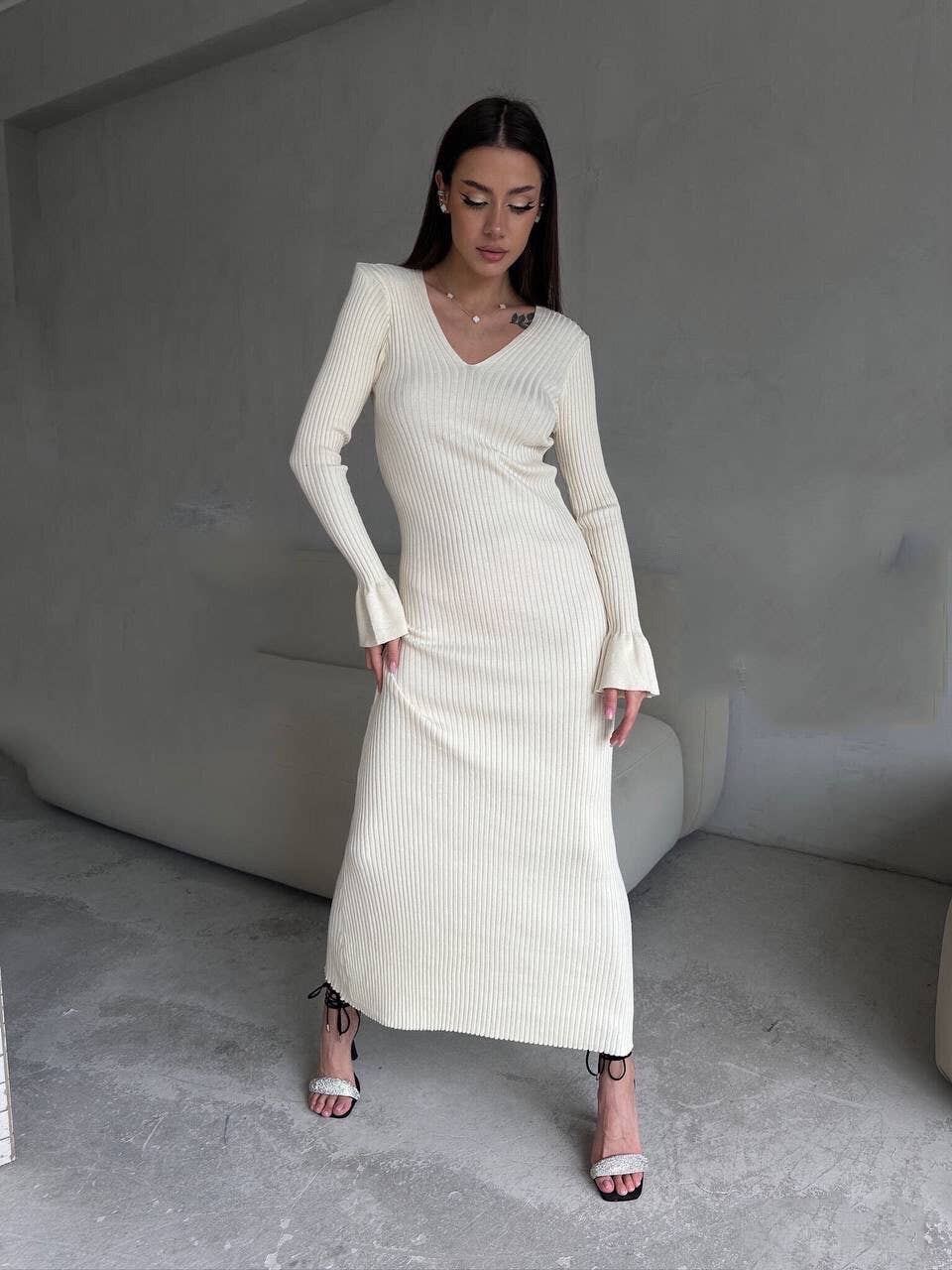SOLID COLOR PIT WOOL WOVEN V-NECK SWEATER DRESS